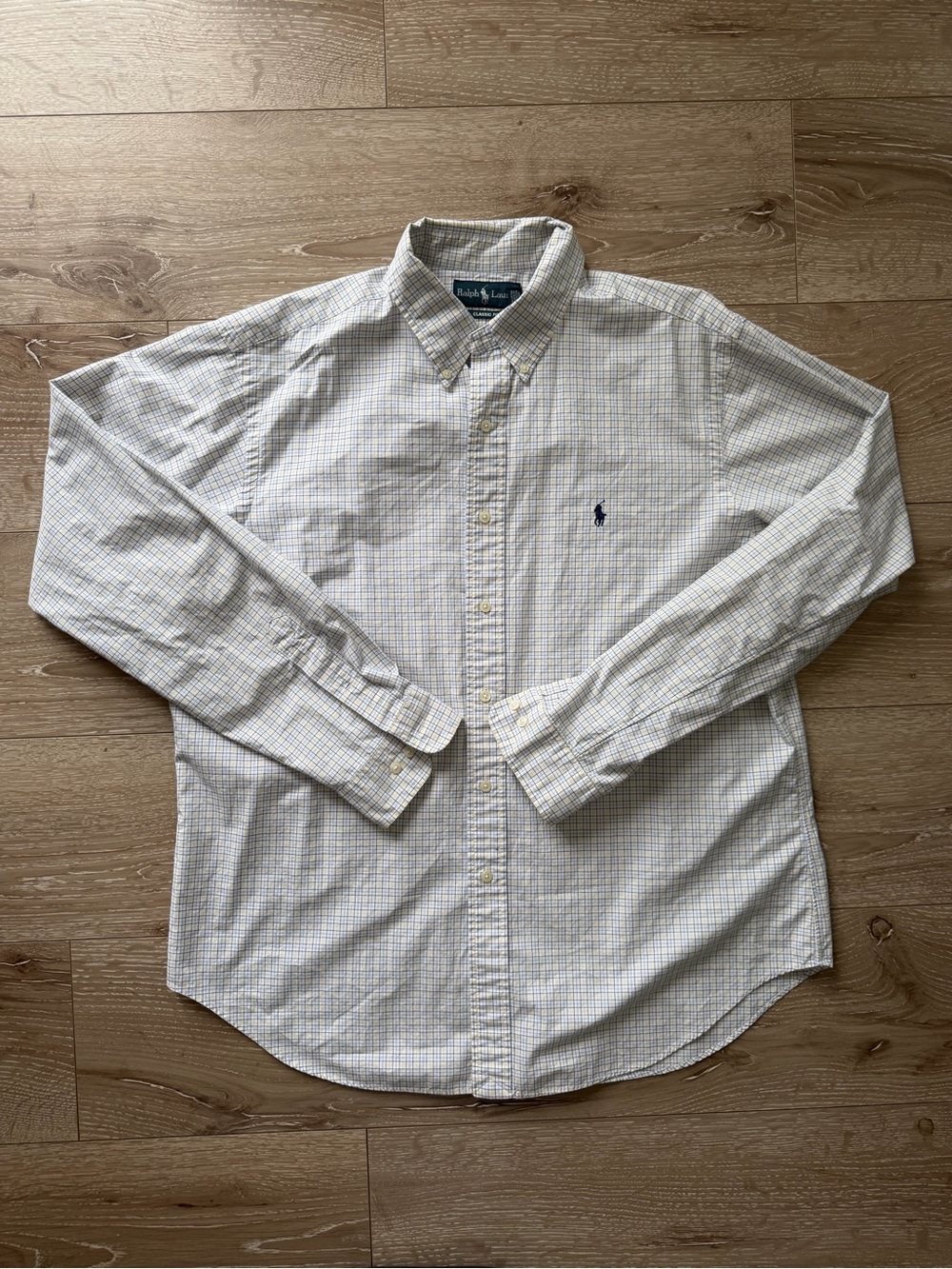 Ralph Lauren Men's White Shirt with Blue & Yellow Windowpane